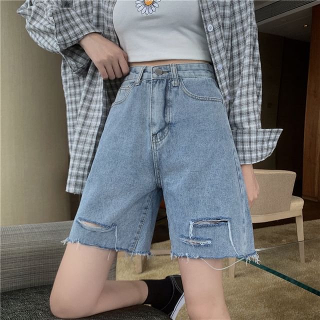Sisyphi-High Waist Washed Distressed Denim Shorts