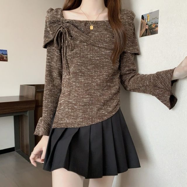 Sisyphi-Long Sleeve Boat Neck Melange Asymmetrical Drawstring Top