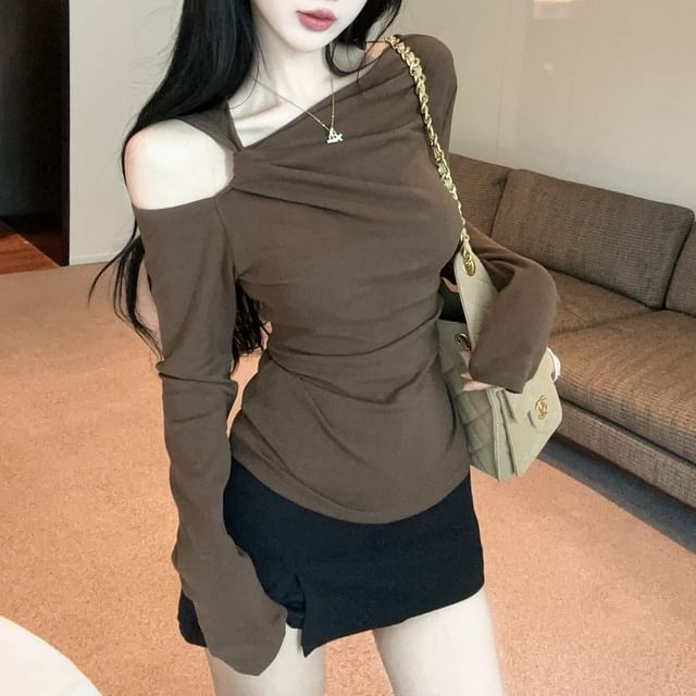 Sisyphi-Long-Sleeve Cold Shoulder Plain Ruched T-Shirt