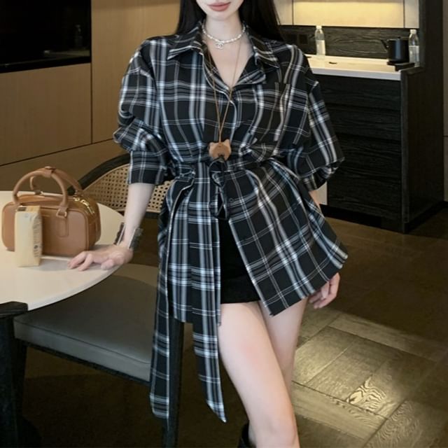 Sisyphi-Long-Sleeve Collared Plaid Button Up Shirt