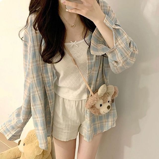 Sisyphi-Long Sleeve Collared Plaid Shirt