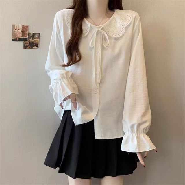 Sisyphi-Long-Sleeve Collared Plain Lace Trim Blouse