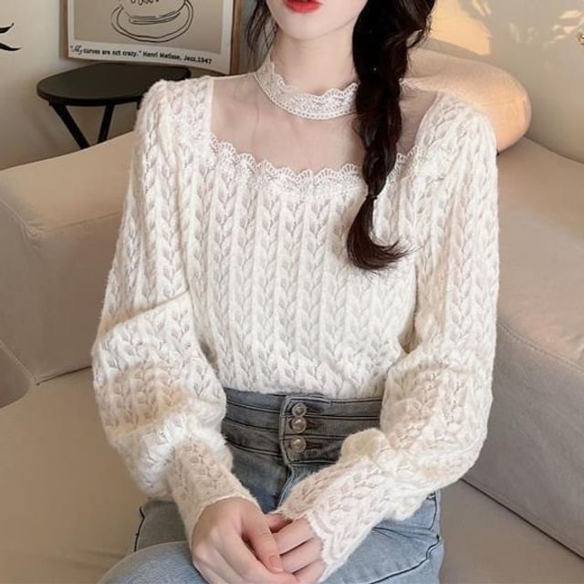 Sisyphi-Long-Sleeve Crewneck Lace Blouse