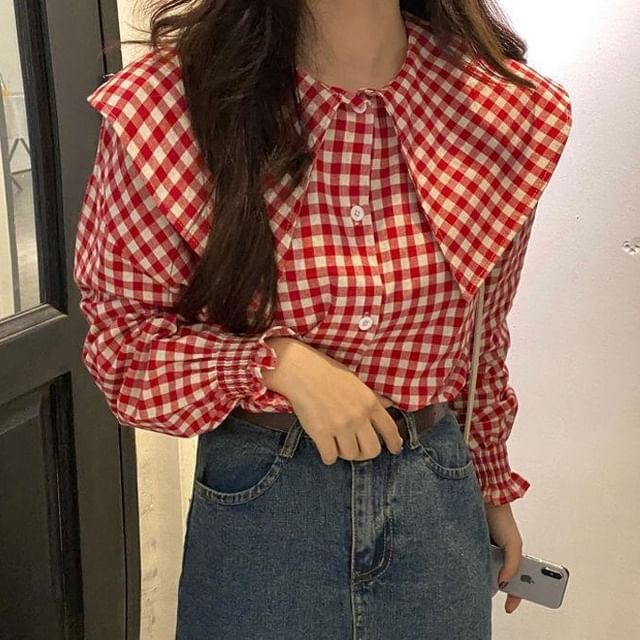 Sisyphi-Long-Sleeve Gingham Blouse