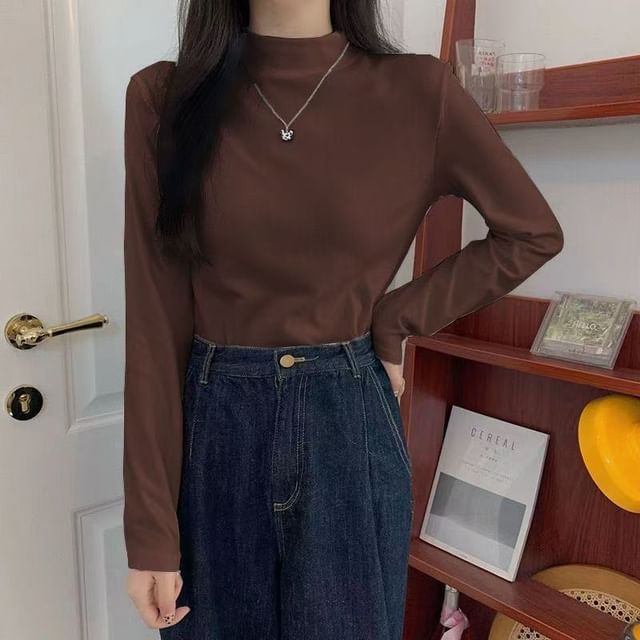 Sisyphi-Long-Sleeve Mock Neck Plain T-Shirt