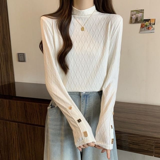 Sisyphi-Long Sleeve Mock Neck Plain Textured Top