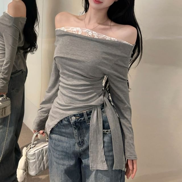 Sisyphi-Long-Sleeve Off Shoulder Lace Panel Asymmetrical Top