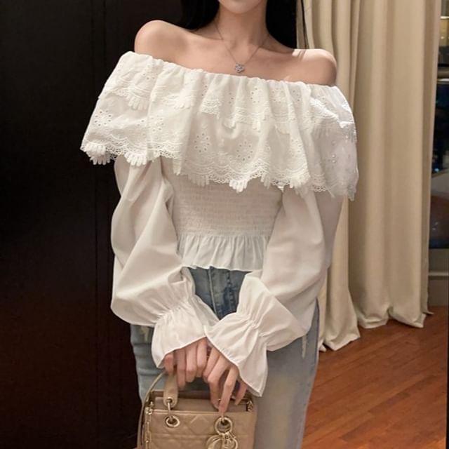 Sisyphi-Long-Sleeve Off Shoulder Plain Lace Panel Blouse