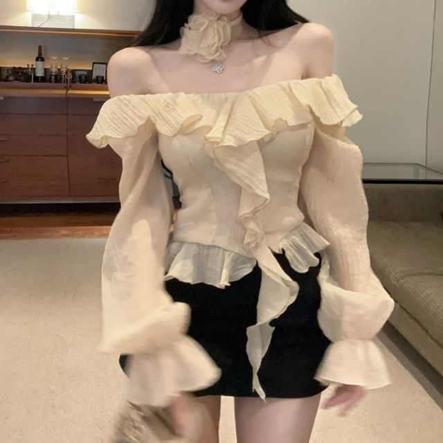 Sisyphi-Long-Sleeve Off Shoulder Plain Ruffle Trim Blouse