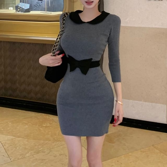 Sisyphi-Long-Sleeve Peter Pan Collar Mini Bodycon Dress