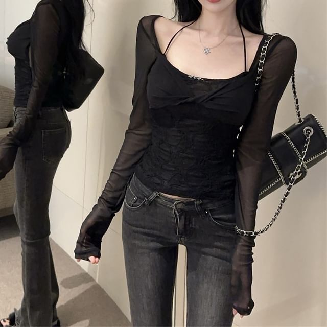 Sisyphi-Long-Sleeve Scoop Neck Plain Mock Two Piece Top