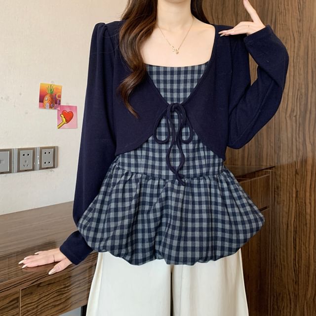 Sisyphi-Long-Sleeve Square Neck Mock Two Piece Plaid Blouse