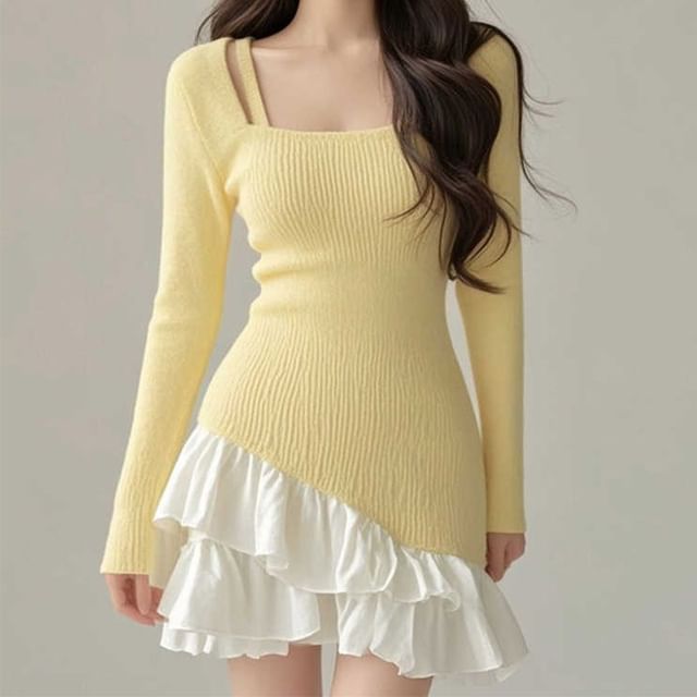 Sisyphi-Long-Sleeve Square Neck Plain Ribbed Knit Ruffle Trim Mini A-Line Dress
