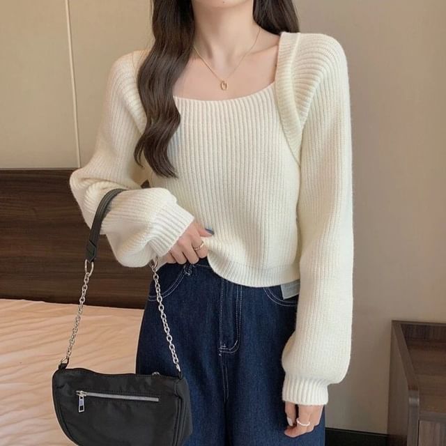 Sisyphi-Long-Sleeve Square Neck Plain Ribbed Knit Top