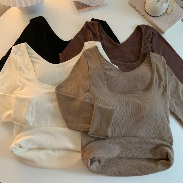 Sisyphi-Long-Sleeve Square Neck Plain T-Shirt