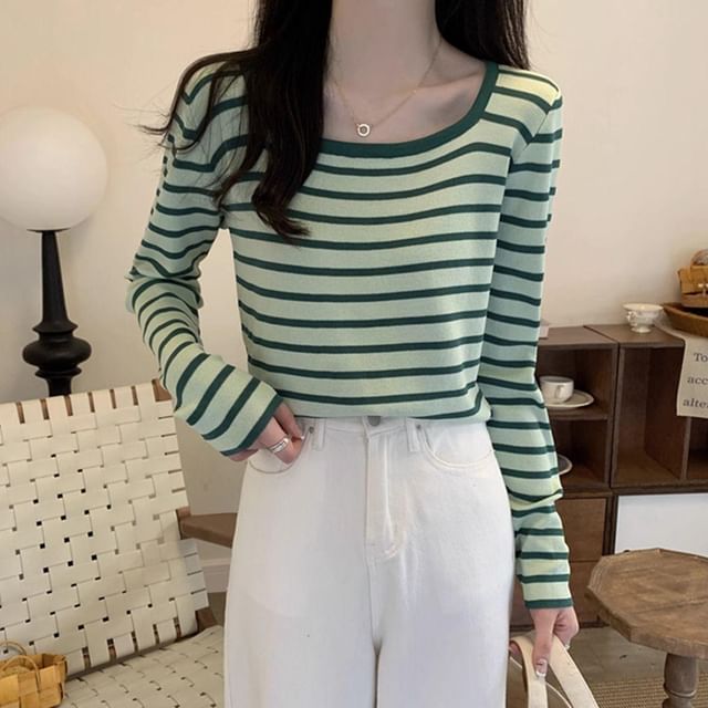 Sisyphi-Long-Sleeve Square Neck Striped Knit Top