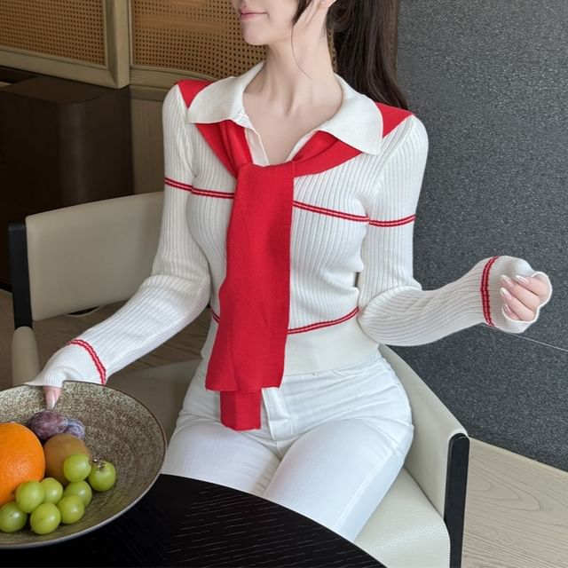 Sisyphi-Long-Sleeve Two Tone Knit Polo Top