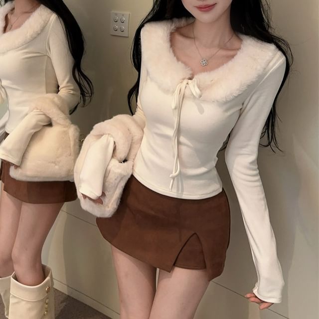 Sisyphi-Long-Sleeve U-Neck Fleece Trim Plain Top