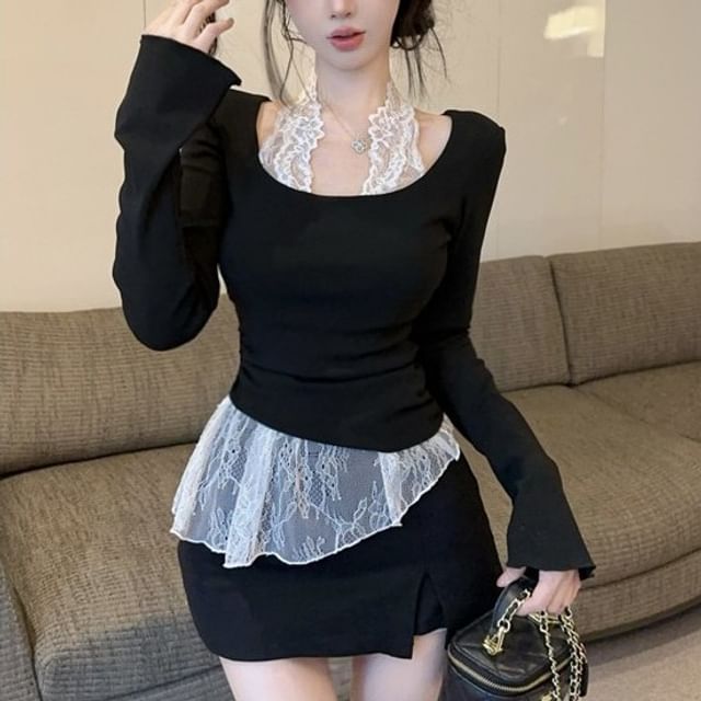 Sisyphi-Long-Sleeve U-Neck Lace Panel Asymmetrical Top