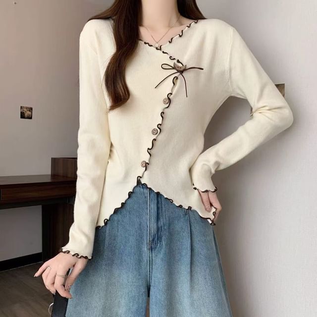 Sisyphi-Long-Sleeve V-Neck Asymmetrical Plain Top