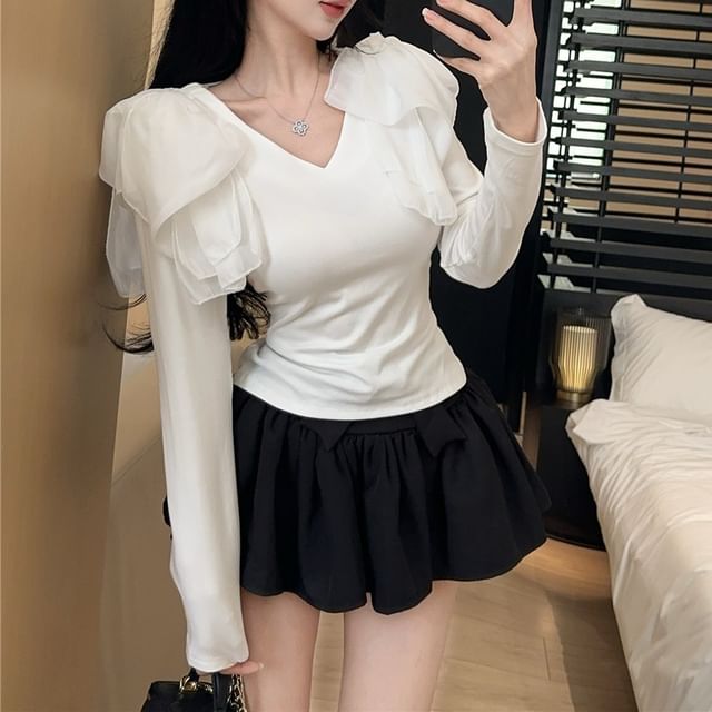 Sisyphi-Long Sleeve V-Neck Plain Ruffle Panel T-Shirt