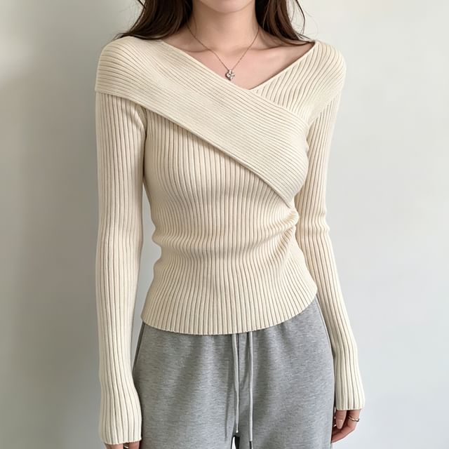 Sisyphi-Long-Sleeve V-Neck Plain Wrap Ribbed Knit Top