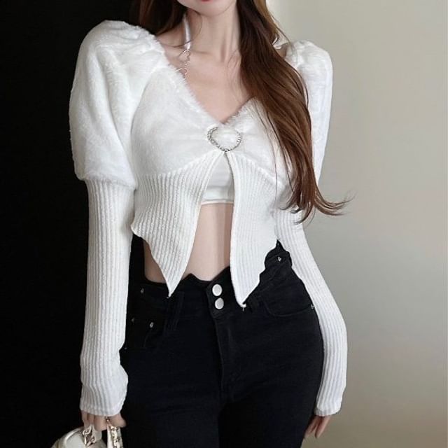 Sisyphi-Long-Sleeve V-Neck Slit Hem Plain Knit Top