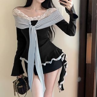 Sisyphi-Long-Sleeve V-Neck Striped Panel Top