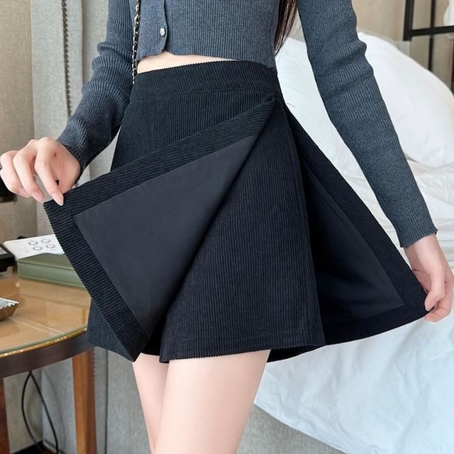 Sisyphi-Mid Waist Corduroy Plain Mini Skort