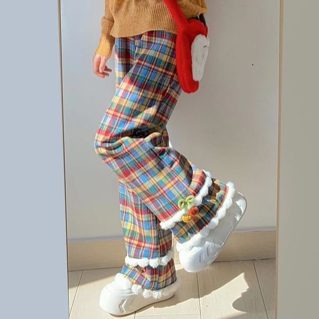 Sisyphi-Mid Waist Multicolor Check Straight Leg Pants