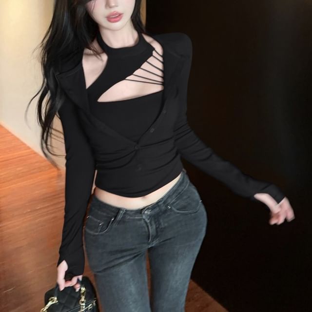 Sisyphi-Mock Two-Piece Long-Sleeve Cutout Plain Top