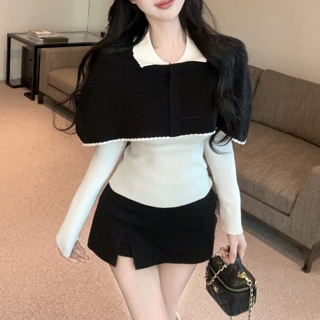Sisyphi-Mock Two-Piece Long-Sleeve Two Tone Collared Knit Top