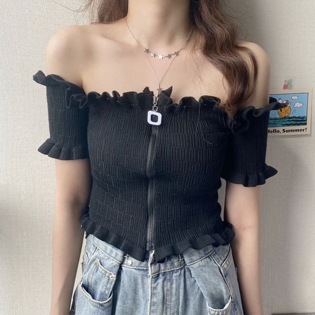 Sisyphi-Off-Shoulder Plain Ruffled Trim Zip-Up Knit Top