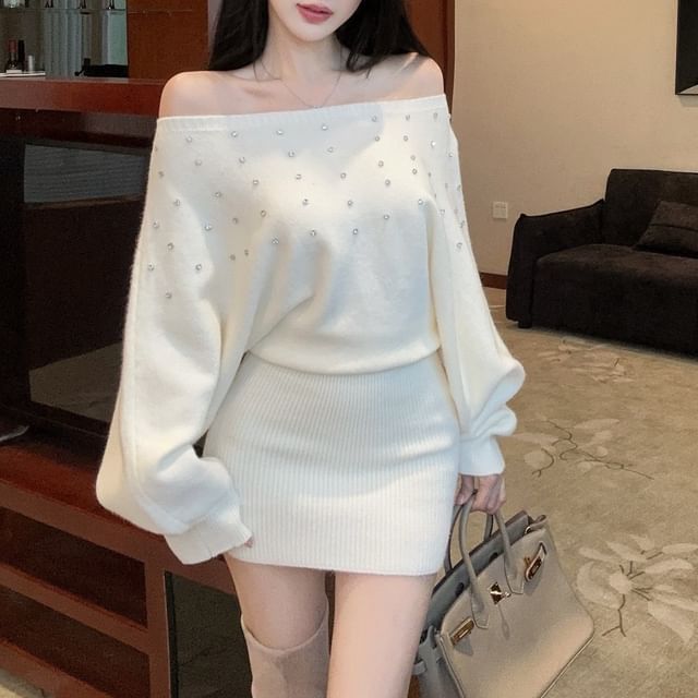 Sisyphi-Off Shoulder Rhinestone Mini Sweater Dress