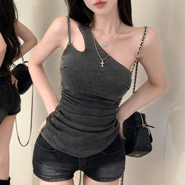 Sisyphi-One Shoulder Plain Ribbed Camisole Top