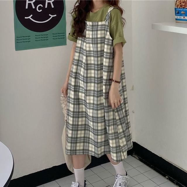 Sisyphi-Plaid Midi Dungaree Dress