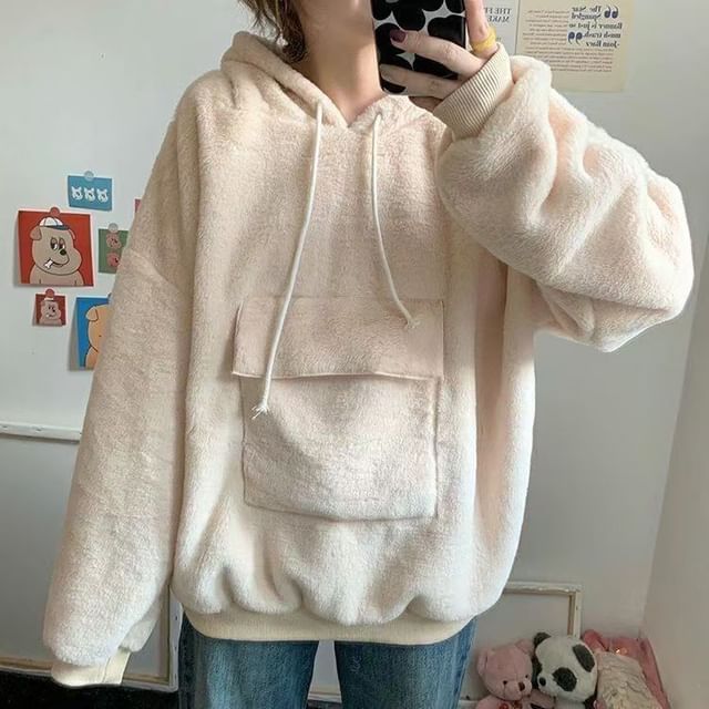 Sisyphi-Plain Drawstring Fleece Hoodie