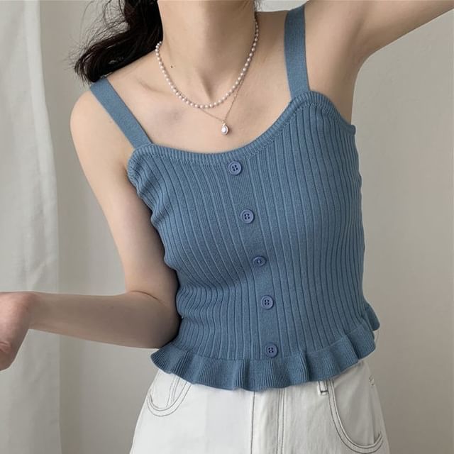 Sisyphi-Plain Ruffle Button Ribbed Knit Camisole Top