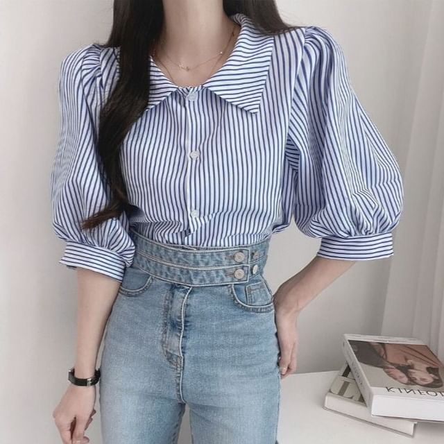 Sisyphi-Puff Short-Sleeve Collared Striped Button Up Shirt
