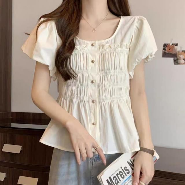Sisyphi-Puff Short Sleeve Scoop Neck Smocked Button Up Blouse