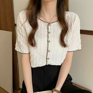 Sisyphi-Puff-Sleeve Contrast Trim Button-Up Lace Blouse