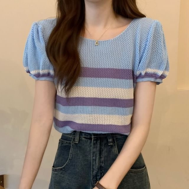 Sisyphi-Puff-Sleeve Crew Neck Striped Ribbed Knit Top