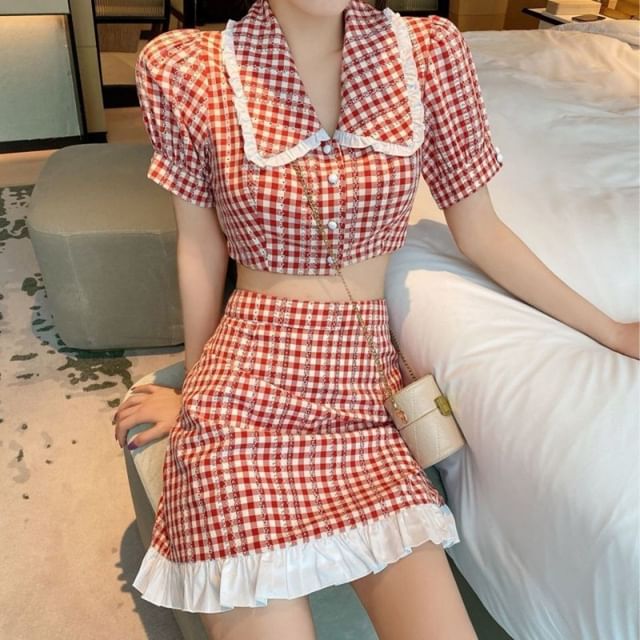 Sisyphi-Puff-Sleeve Gingham Crop Button-Up Blouse High Rise Mini A-Line Skirt Set