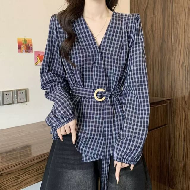 Sisyphi-Puff-Sleeve Plaid Tie-Waist Blouse