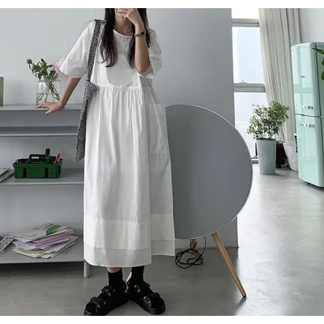 Sisyphi-Puff-Sleeve Plain Drawstring Midi A-Line Dress