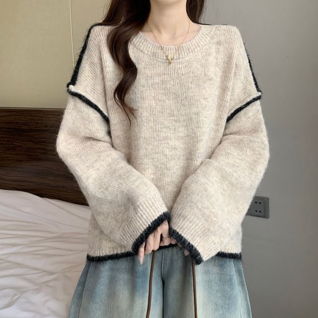 Sisyphi-Round Neck Drop Shoulder Contrast Trim Sweater