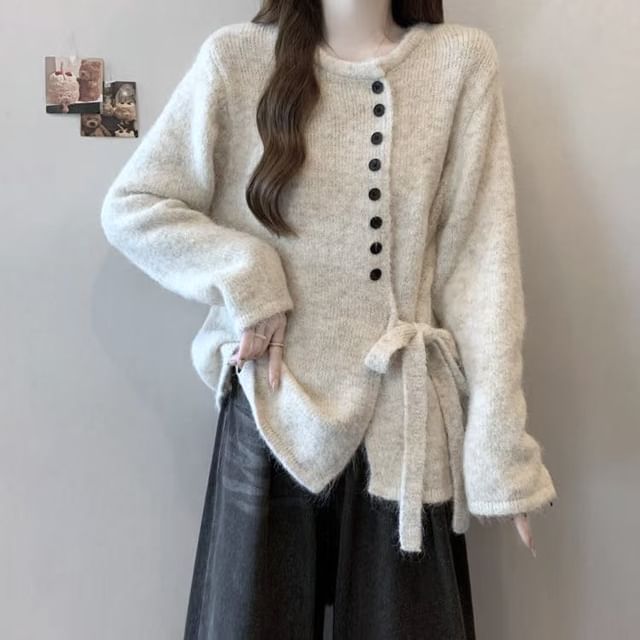 Sisyphi-Round Neck Plain Button Detail Tie-Up Sweater