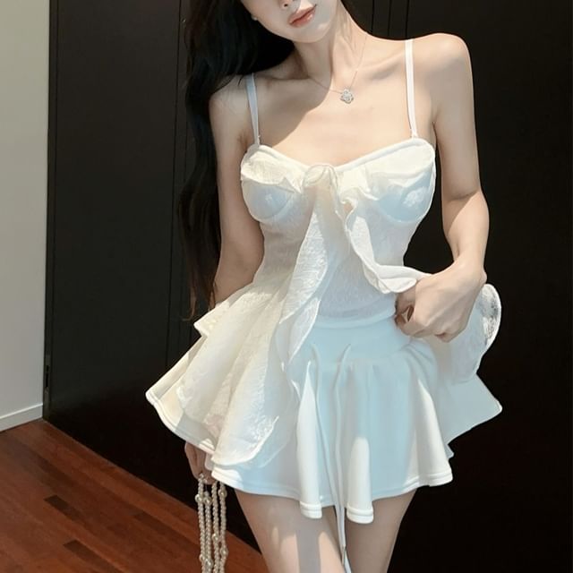 Sisyphi-Ruffle Trim Slit Lace Flowy Camisole Top Drawstring Waist Plain Mini A-Line Skort