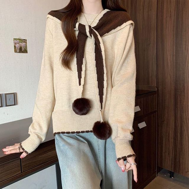 Sisyphi-Set Crewneck Plain Sweater Pom Pom Shawl