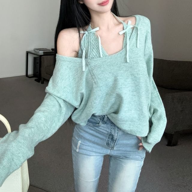 Sisyphi-Set Long-Sleeve Plain Knit Top Halter Neck Top